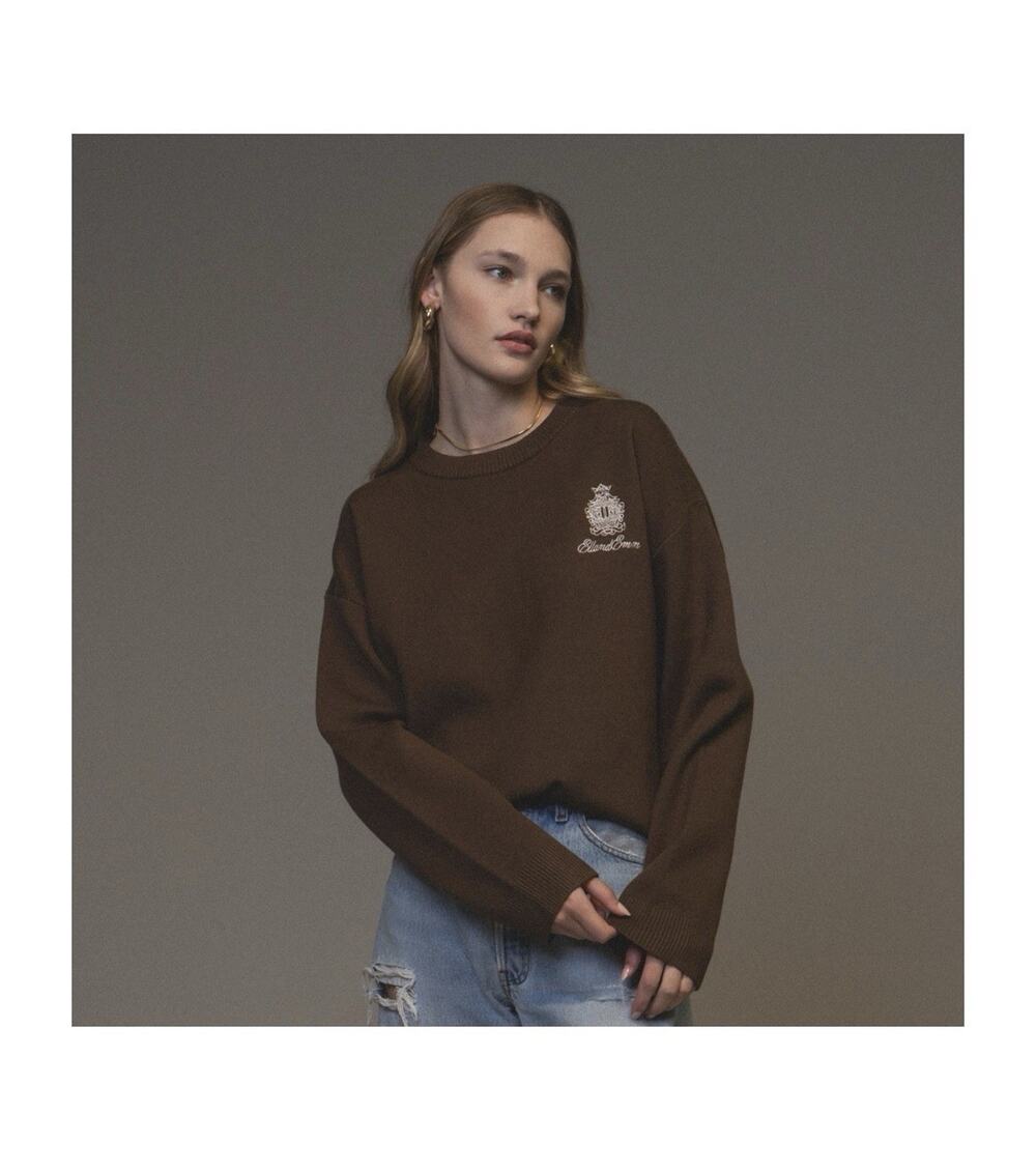 EllandEmm Womens Classic Knit Members Club Chocolate Brown Crewneck Size X Small